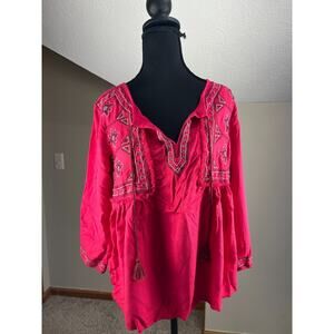Lucky Brand Embroidered Boho Peasant Top Medium Tie V-Neck 3/4 Sleeve Blouse